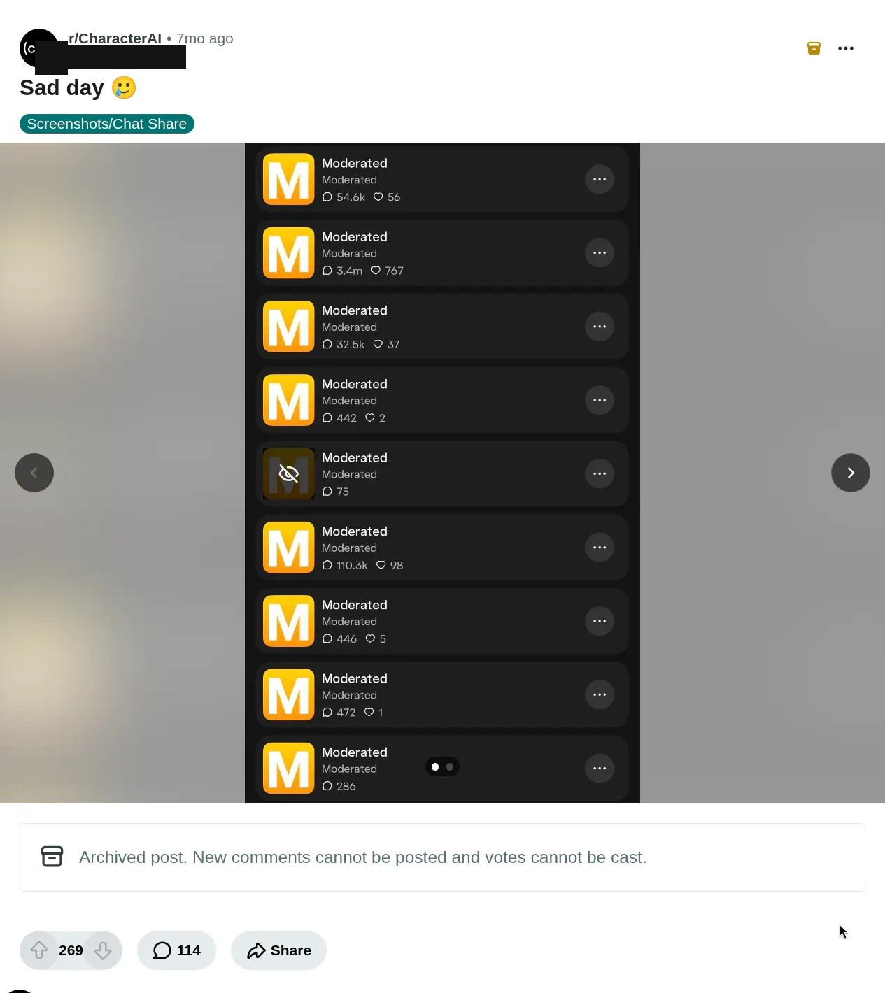 A Reddit post titled "Sad day", first image of a two-image gallery. A phone screenshot shows nine list entries, each with a yellow tile and a white letter M, the title "Moderated", the subtitle "Moderated", a speech-bubble counter and, on eight of them, a heart counter. The fifth entry's tile is dimmed and overlaid with a crossed-out eye icon.