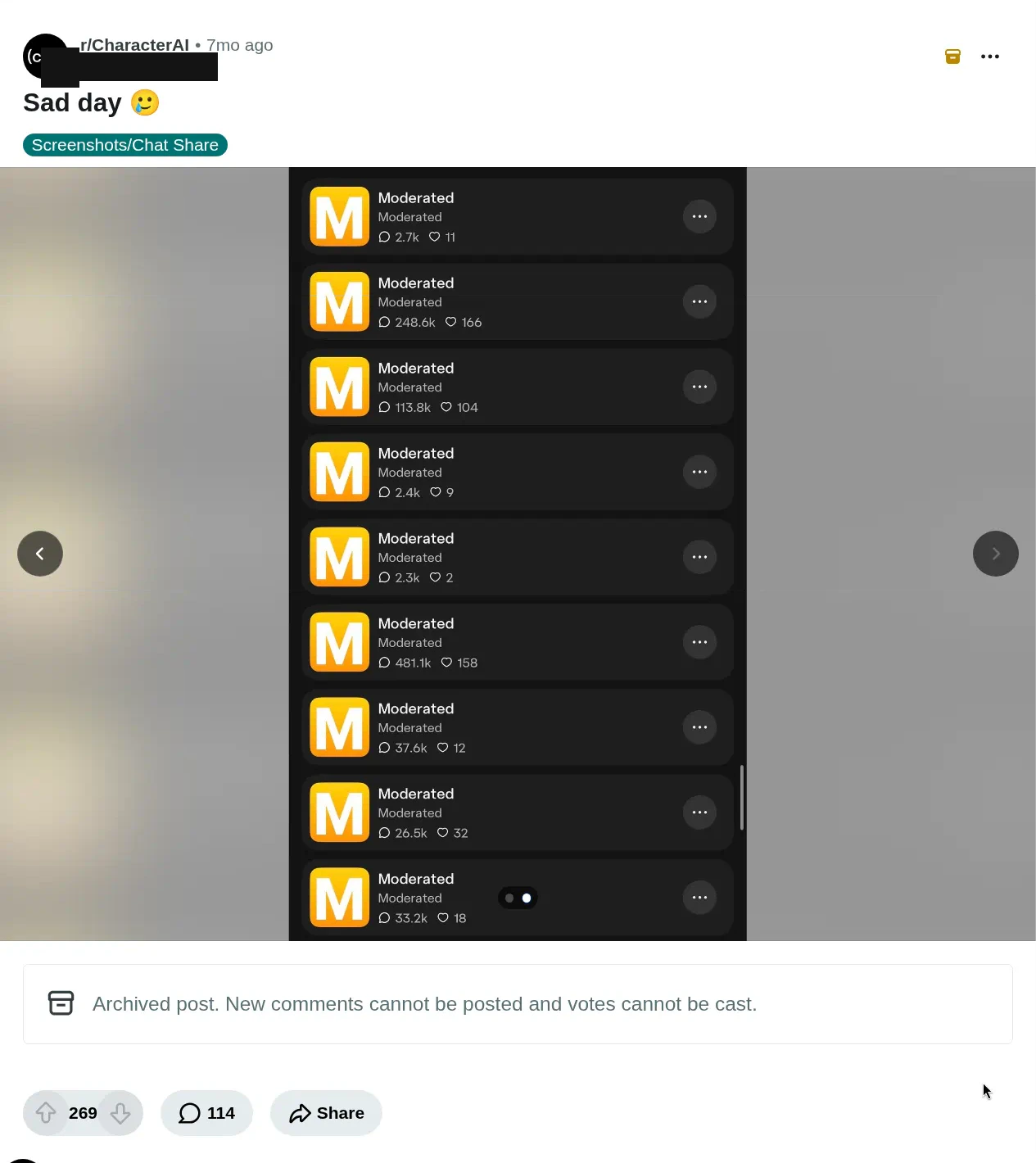 The second image of the same gallery. Nine further entries, each with a yellow M tile, the title and subtitle "Moderated", a speech-bubble counter and a heart counter. A scroll bar is visible at the right edge of the phone screen.