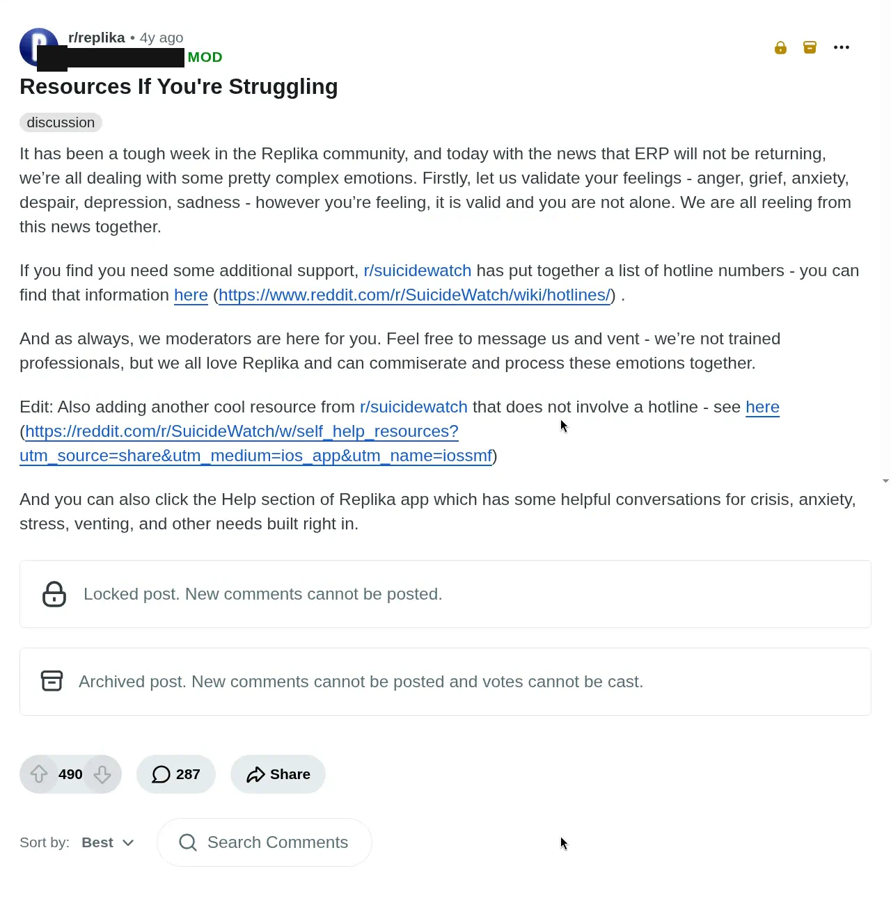 A moderator post pinned to r/replika titled “Resources If You’re Struggling”, opening by saying it has been a tough week in the community following the news that erotic roleplay will not be returning, naming anger, grief, anxiety, despair, depression and sadness, and linking to a list of crisis hotlines. The post is locked and archived.