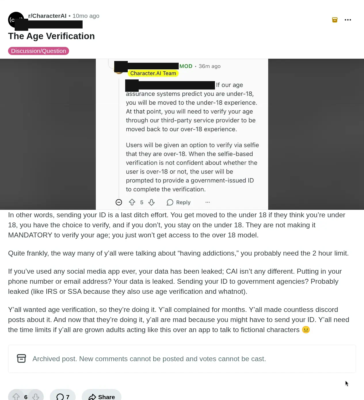 A screenshot of a comment from the badged Character.AI Team account, explaining that a user their systems predict to be under 18 is moved to the under-18 experience and must verify through a third-party provider to be moved back, first by selfie, and with a government-issued ID when the selfie is not conclusive.