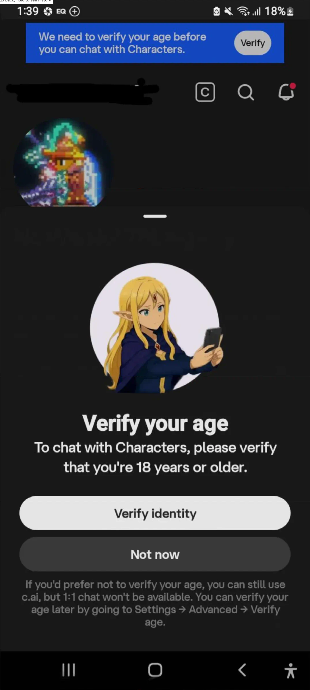 A Character.AI screen on a phone headed “Verify your age”, reading “To chat with Characters, please verify that you’re 18 years or older”, with buttons labelled Verify identity and Not now.