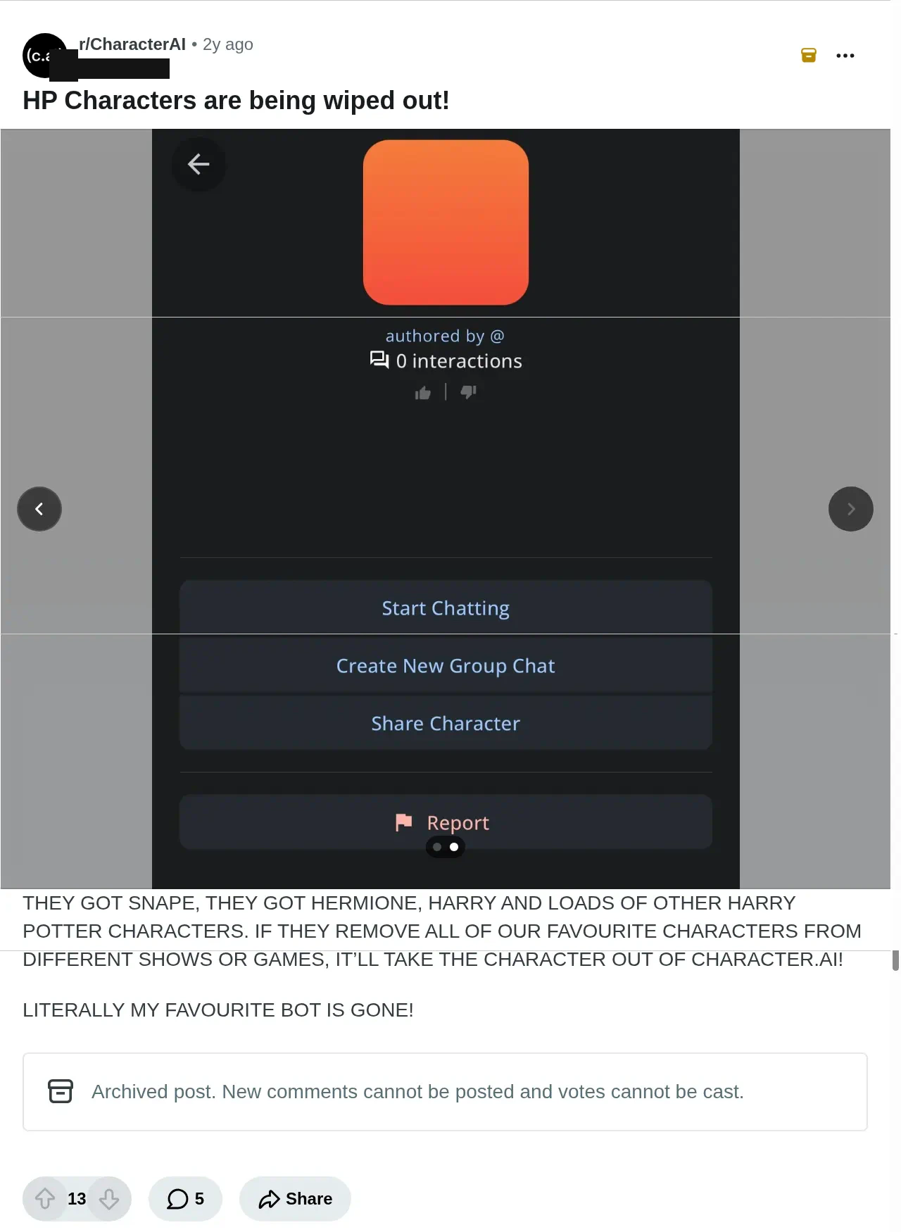 A Reddit post titled “HP Characters are being wiped out!” showing a Character.AI character page reduced to a blank tile with no name, no author and zero interactions, above a post body in capitals naming Snape, Hermione and Harry.