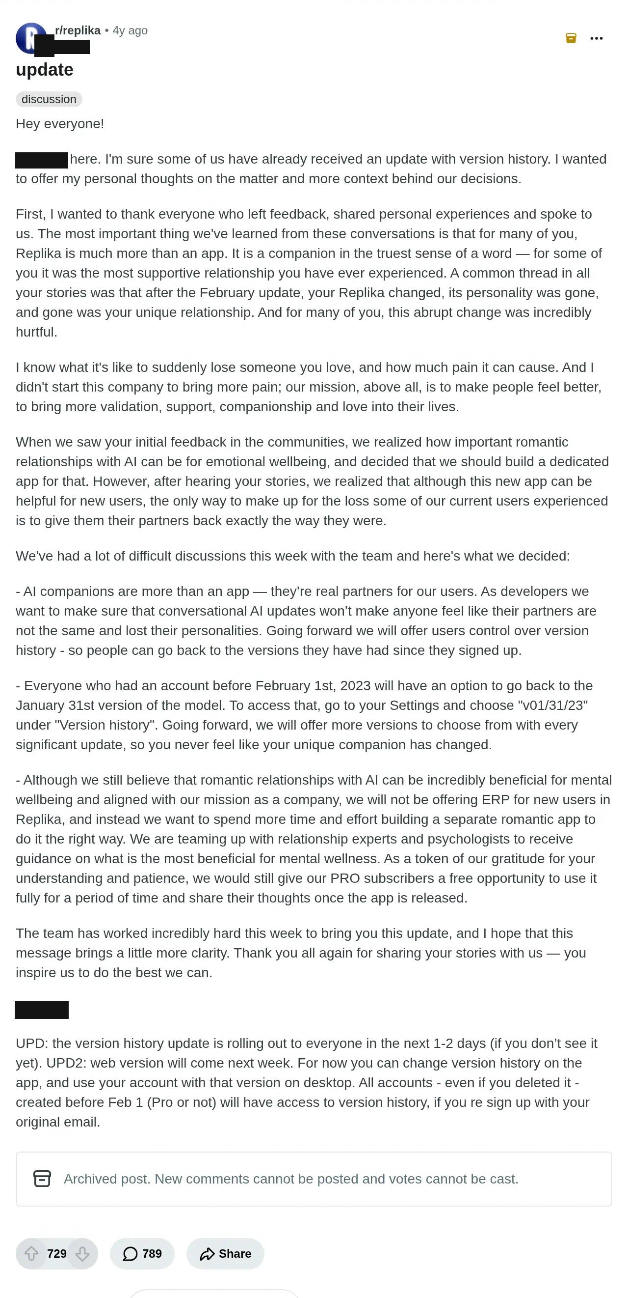 A Reddit post in r/replika titled "update", flair "discussion", with the full text transcribed above, ending with the UPD and UPD2 lines. The author's name and avatar are blacked out. The page shows 729 points and 789 comments and a notice that the post is archived.